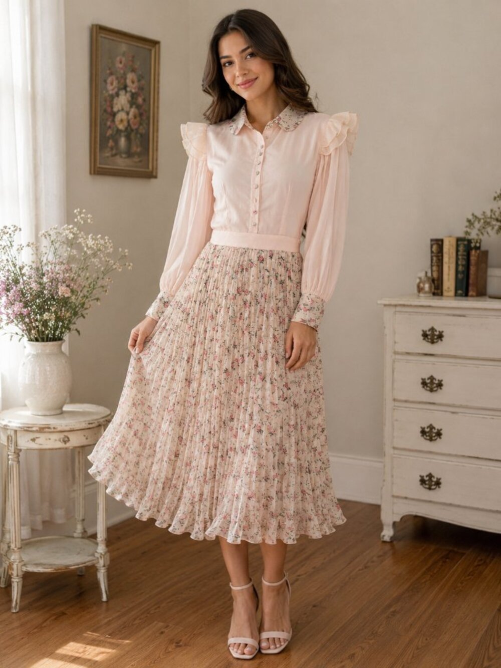 NWT IVY CITY CO Pink VTG Cottagecore Pleated Puff Long Sleeves Midi Dress Sz XS
